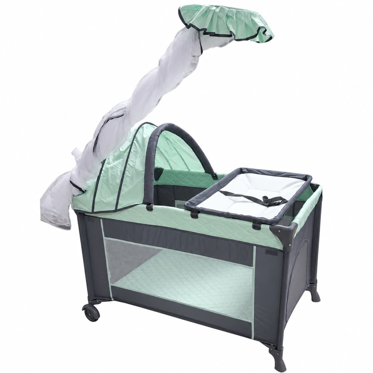 Cuna corral de dos niveles con dosel, mosquitero y cambiador